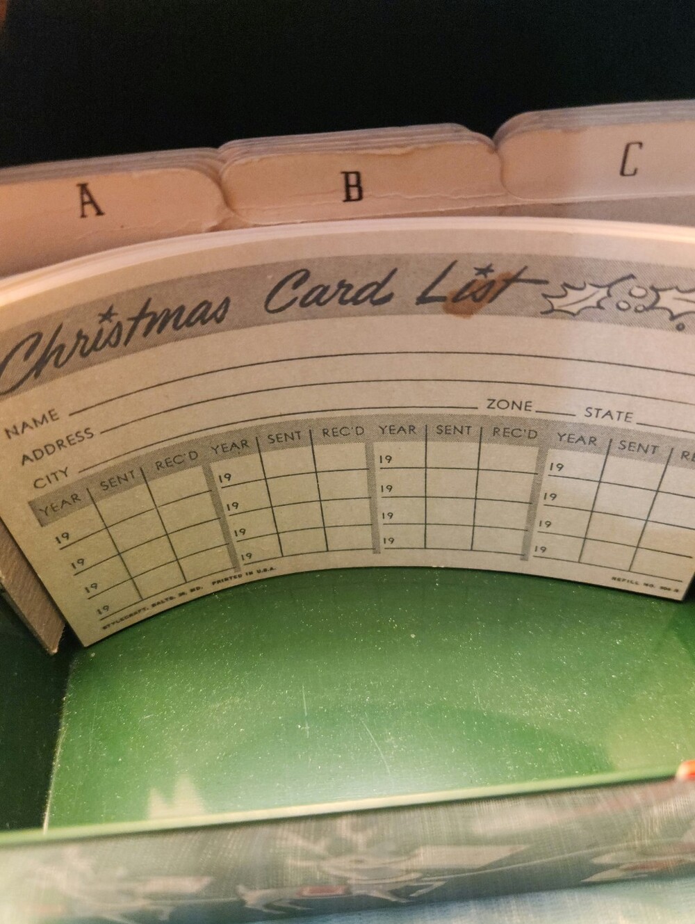 Vintage Mid Century Painted Green Metal Christmas Card List Box With Cards - Picture 5 of 6